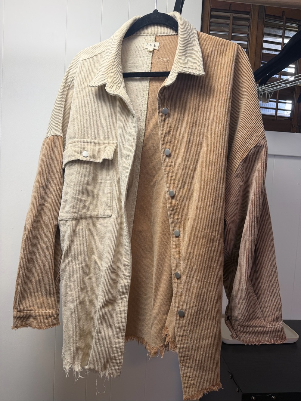 POL Two-Tone Corduroy Shirt Jacket in Beige and Light Brown
